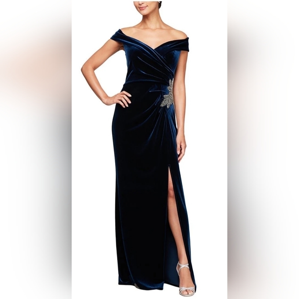 Alex Evenings Long Velvet Off the Shoulder Fit and Flare Dress Navy Velvet Sz.12